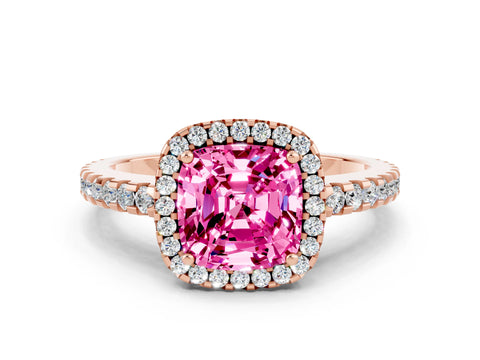 Rose gold Cushion Cut Pink Sapphire Halo Engagement Ring with Pavé Band and Prong Setting_12