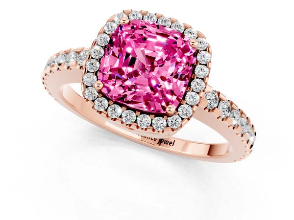 Rose gold Cushion Cut Pink Sapphire Halo Engagement Ring with Pavé Band and Prong Setting