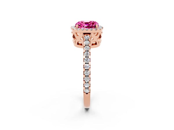 Rose gold Cushion Cut Pink Sapphire Halo Engagement Ring with Pavé Band and Prong Setting