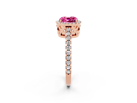 Rose gold Cushion Cut Pink Sapphire Halo Engagement Ring with Pavé Band and Prong Setting_14