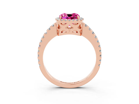 Rose gold Cushion Cut Pink Sapphire Halo Engagement Ring with Pavé Band and Prong Setting_15