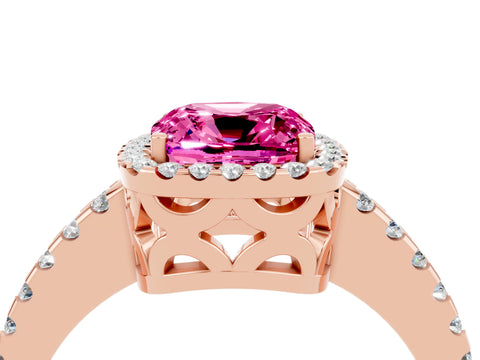 Rose gold Cushion Cut Pink Sapphire Halo Engagement Ring with Pavé Band and Prong Setting_16