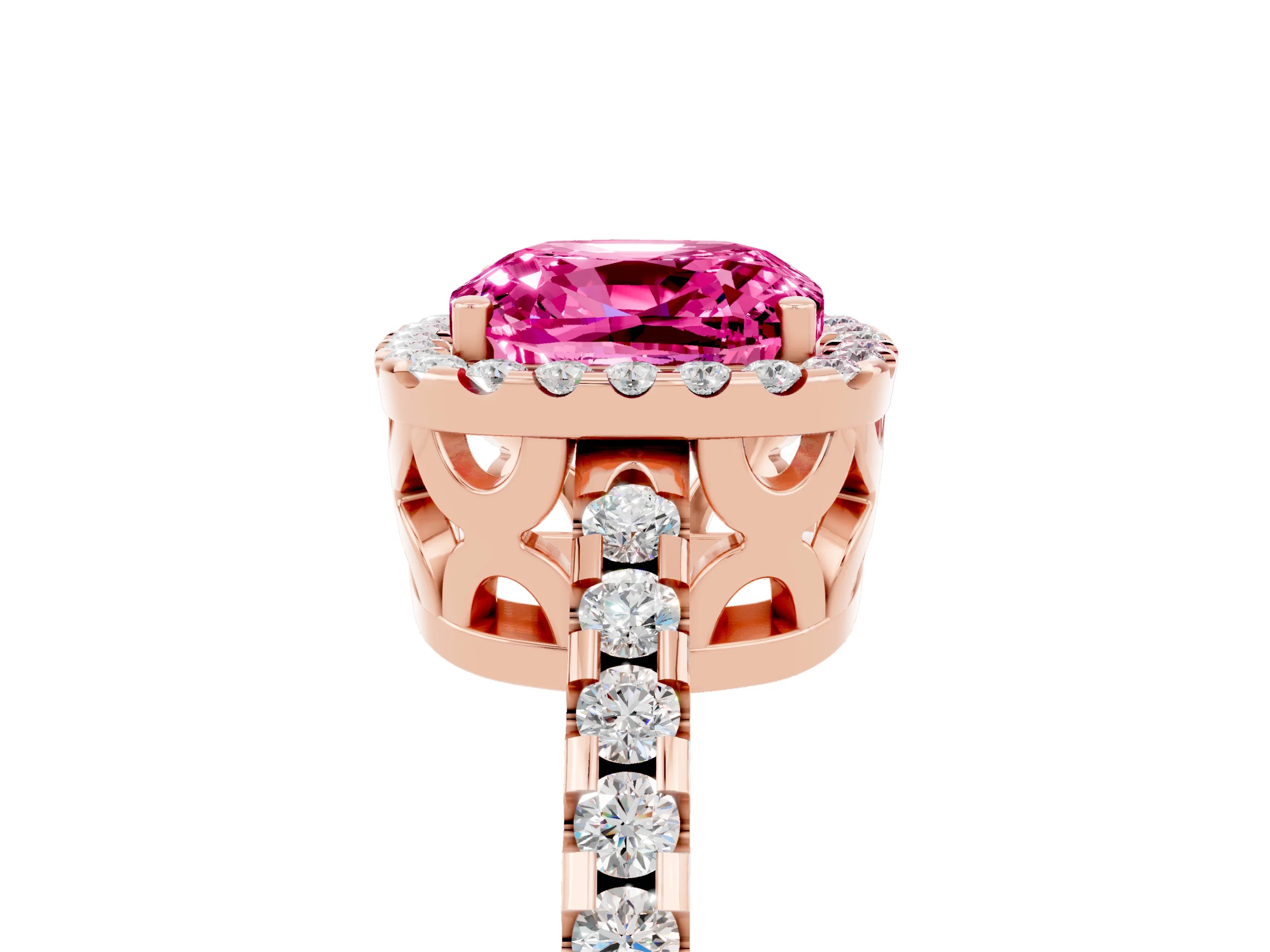 Rose gold Cushion Cut Pink Sapphire Halo Engagement Ring with Pavé Band and Prong Setting_17