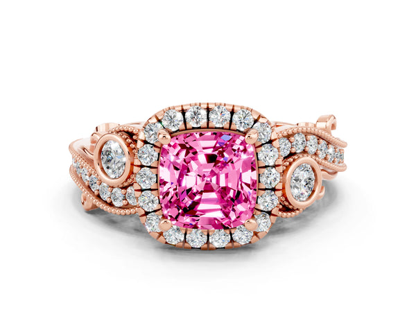 Rose gold Cushion Cut Pink Sapphire Halo Ring with Milgrain Pavé Band and Four-Prong Setting