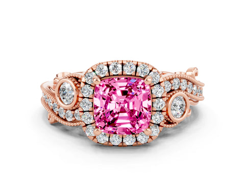 Rose gold Cushion Cut Pink Sapphire Halo Ring with Milgrain Pavé Band and Four-Prong Setting_12