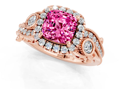 Rose gold Cushion Cut Pink Sapphire Halo Ring with Milgrain Pavé Band and Four-Prong Setting_13