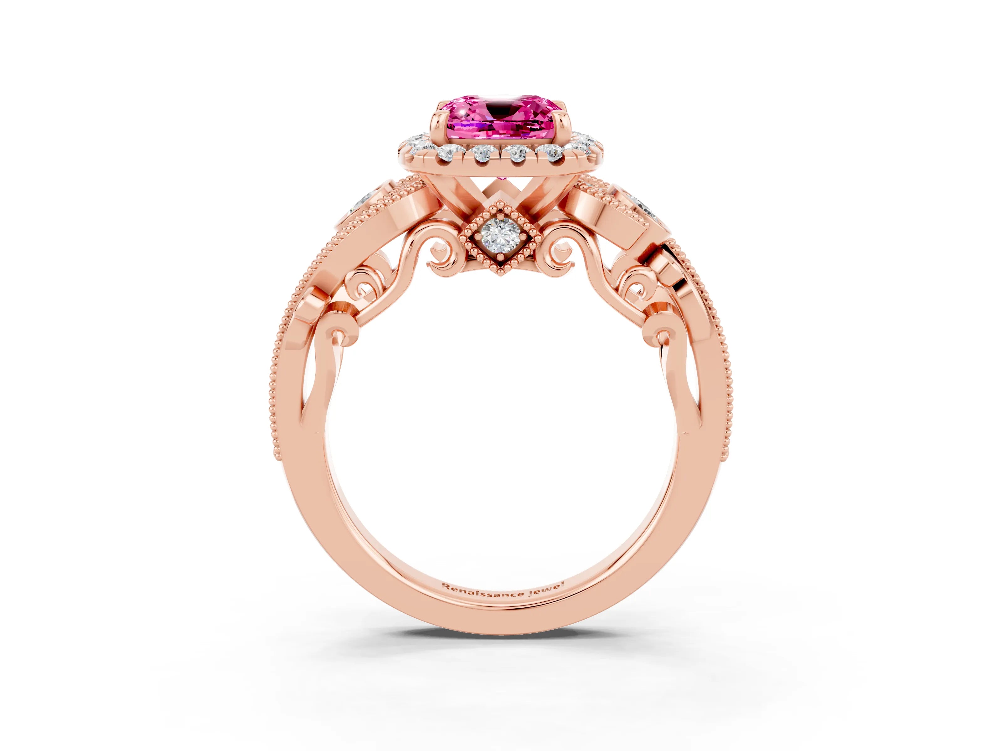 Rose gold Cushion Cut Pink Sapphire Halo Ring with Milgrain Pavé Band and Four-Prong Setting_15