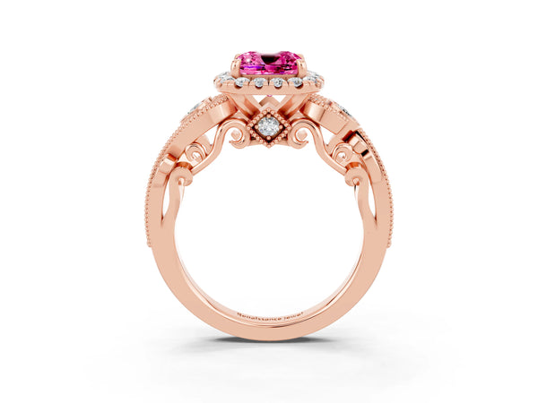 Rose gold Cushion Cut Pink Sapphire Halo Ring with Milgrain Pavé Band and Four-Prong Setting