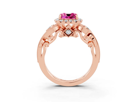 Rose gold Cushion Cut Pink Sapphire Halo Ring with Milgrain Pavé Band and Four-Prong Setting_15