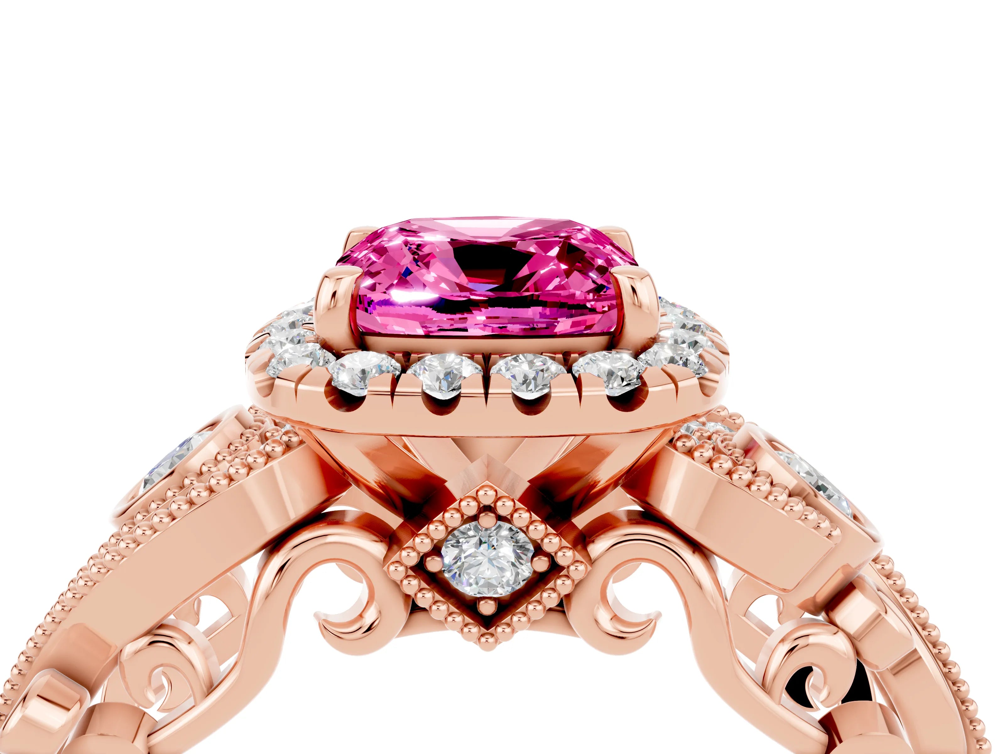 Rose gold Cushion Cut Pink Sapphire Halo Ring with Milgrain Pavé Band and Four-Prong Setting_16