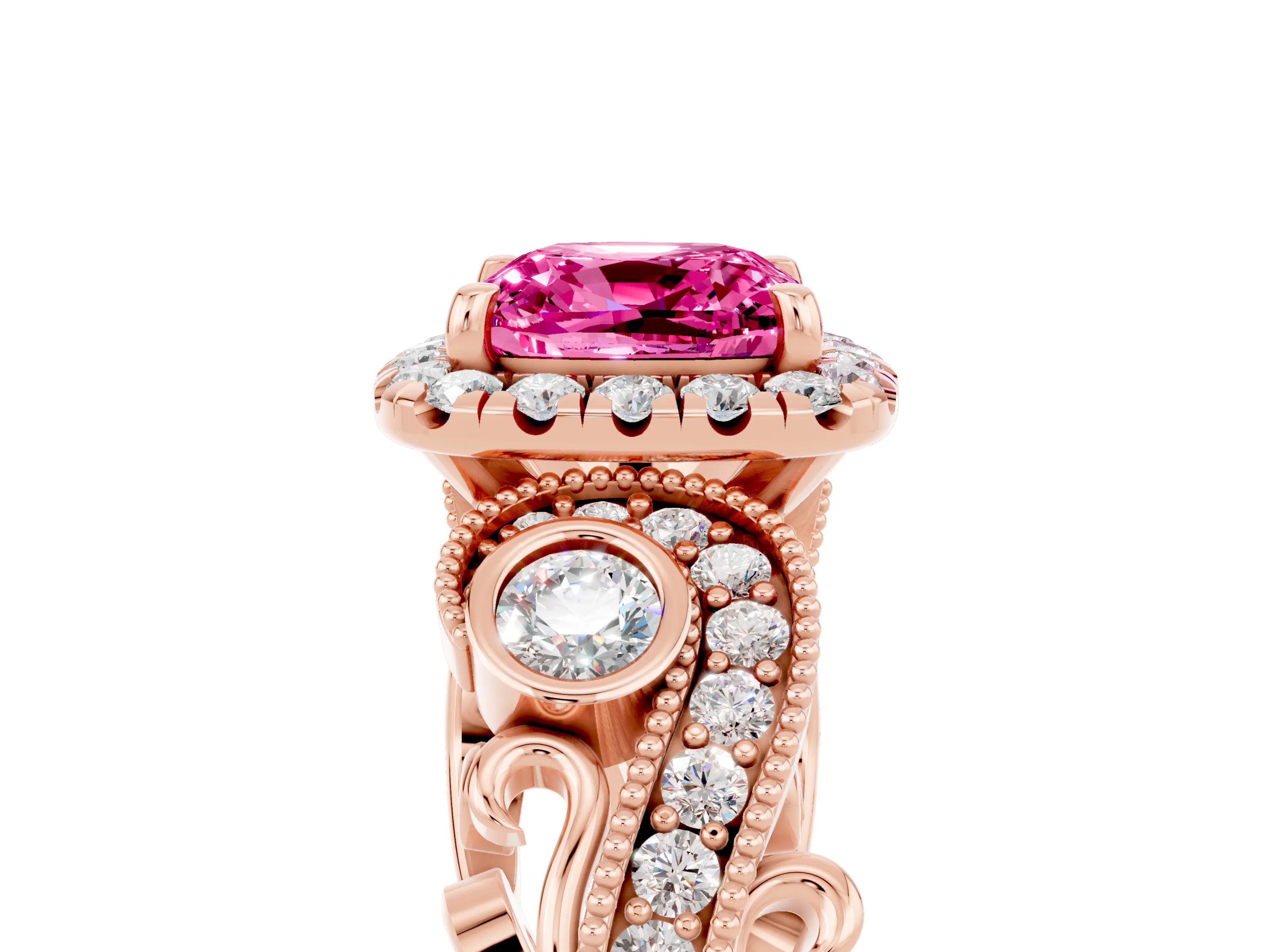 Rose gold Cushion Cut Pink Sapphire Halo Ring with Milgrain Pavé Band and Four-Prong Setting_17