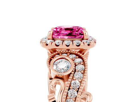 Rose gold Cushion Cut Pink Sapphire Halo Ring with Milgrain Pavé Band and Four-Prong Setting_17