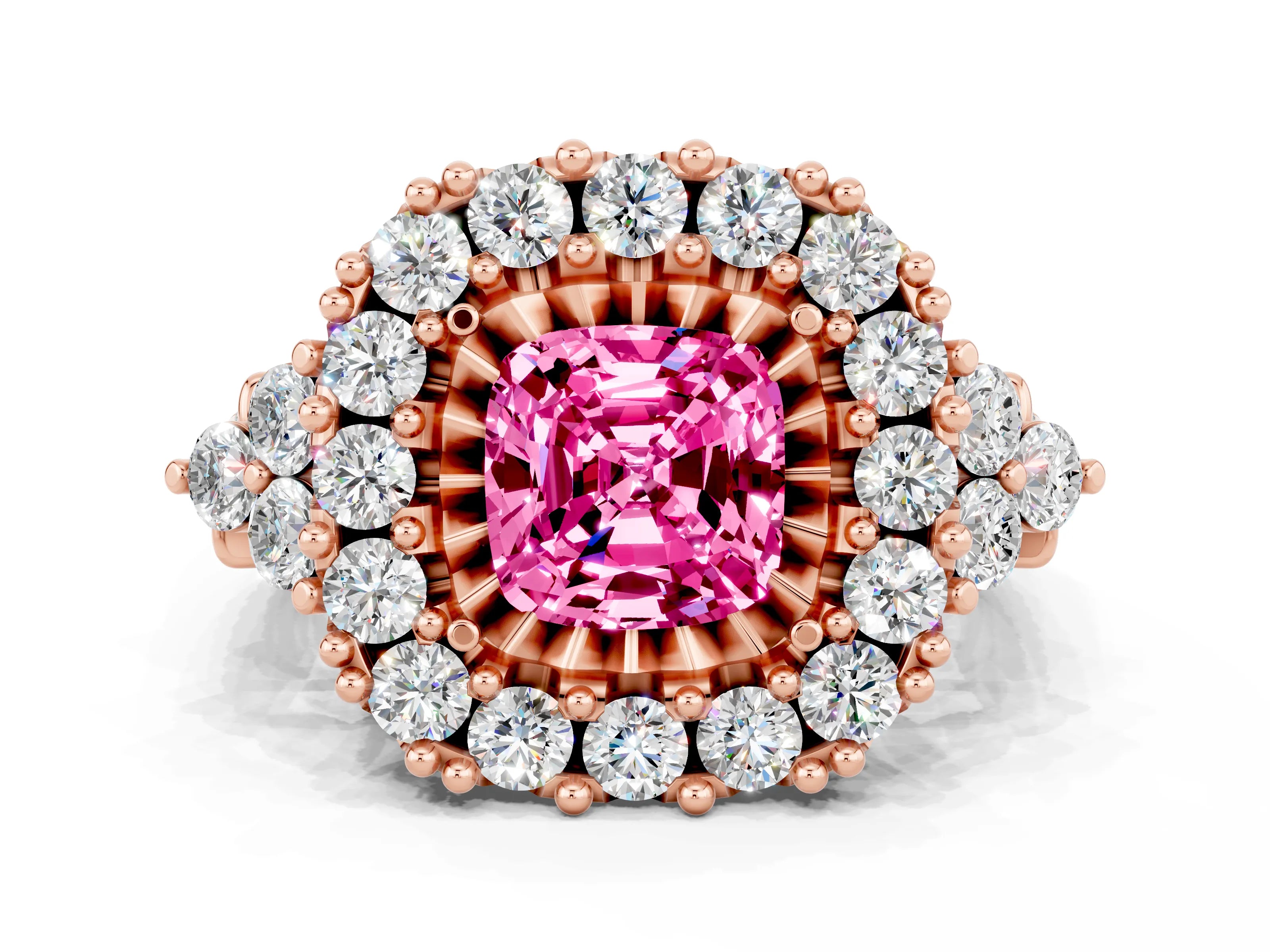 Rose gold Cushion Cut Pink Sapphire Halo Ring with Pavé Band and Four-Prong Setting_12