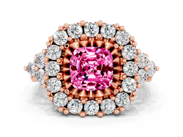 Rose gold Cushion Cut Pink Sapphire Halo Ring with Pavé Band and Four-Prong Setting