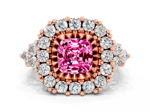 Rose gold Cushion Cut Pink Sapphire Halo Ring with Pavé Band and Four-Prong Setting_12