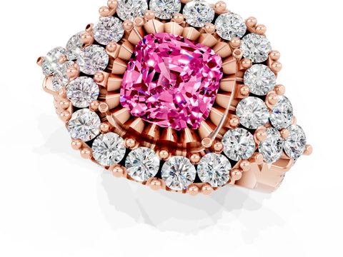 Rose gold Cushion Cut Pink Sapphire Halo Ring with Pavé Band and Four-Prong Setting_13