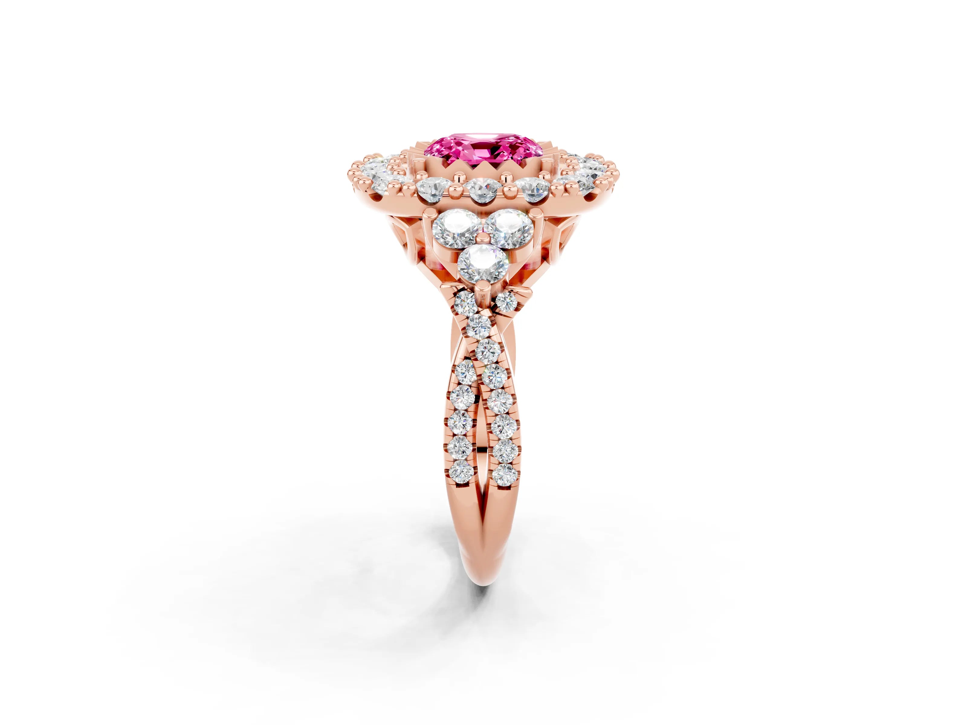 Rose gold Cushion Cut Pink Sapphire Halo Ring with Pavé Band and Four-Prong Setting_14