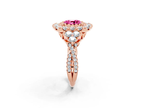 Rose gold Cushion Cut Pink Sapphire Halo Ring with Pavé Band and Four-Prong Setting