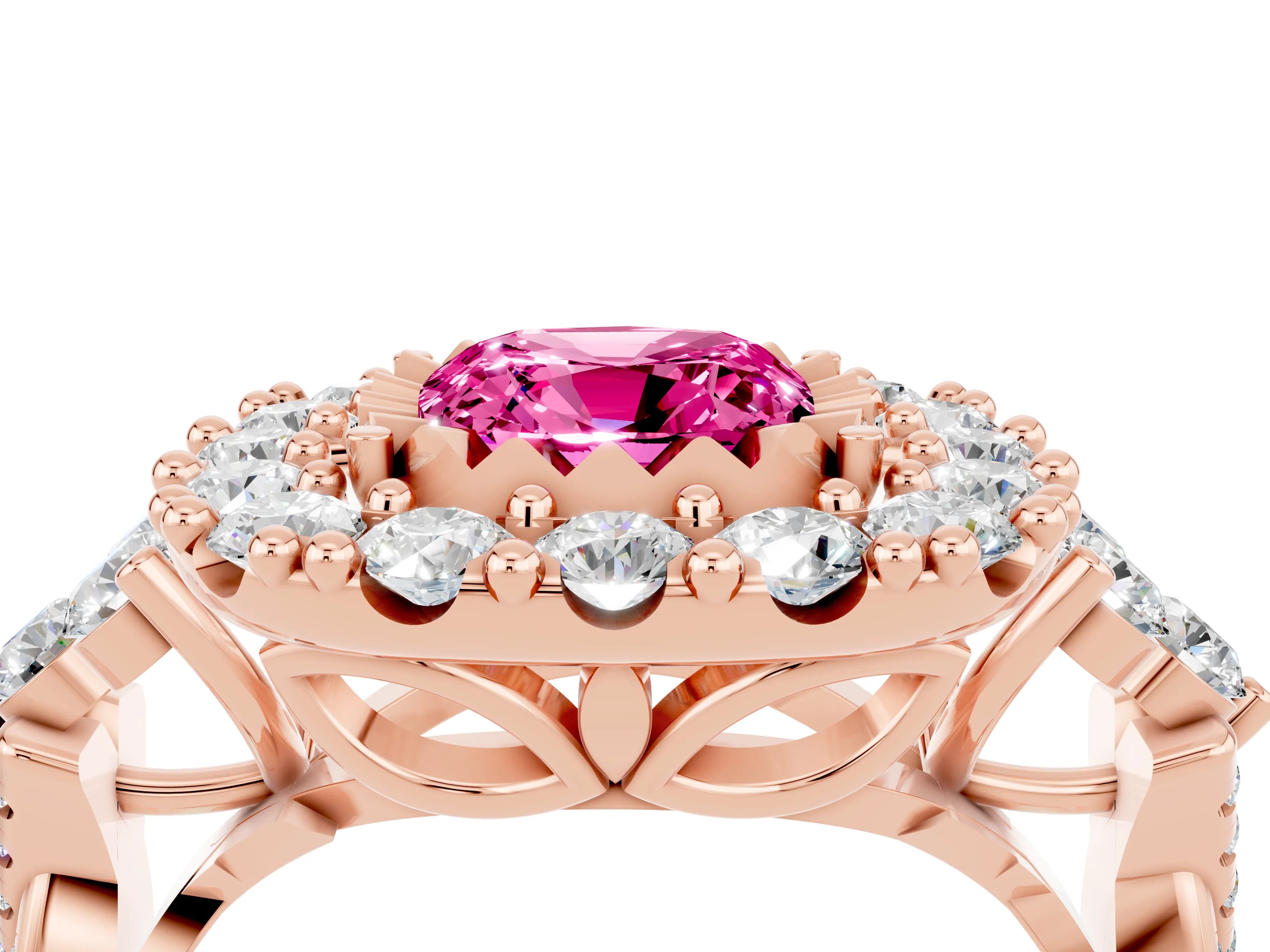 Rose gold Cushion Cut Pink Sapphire Halo Ring with Pavé Band and Four-Prong Setting_16