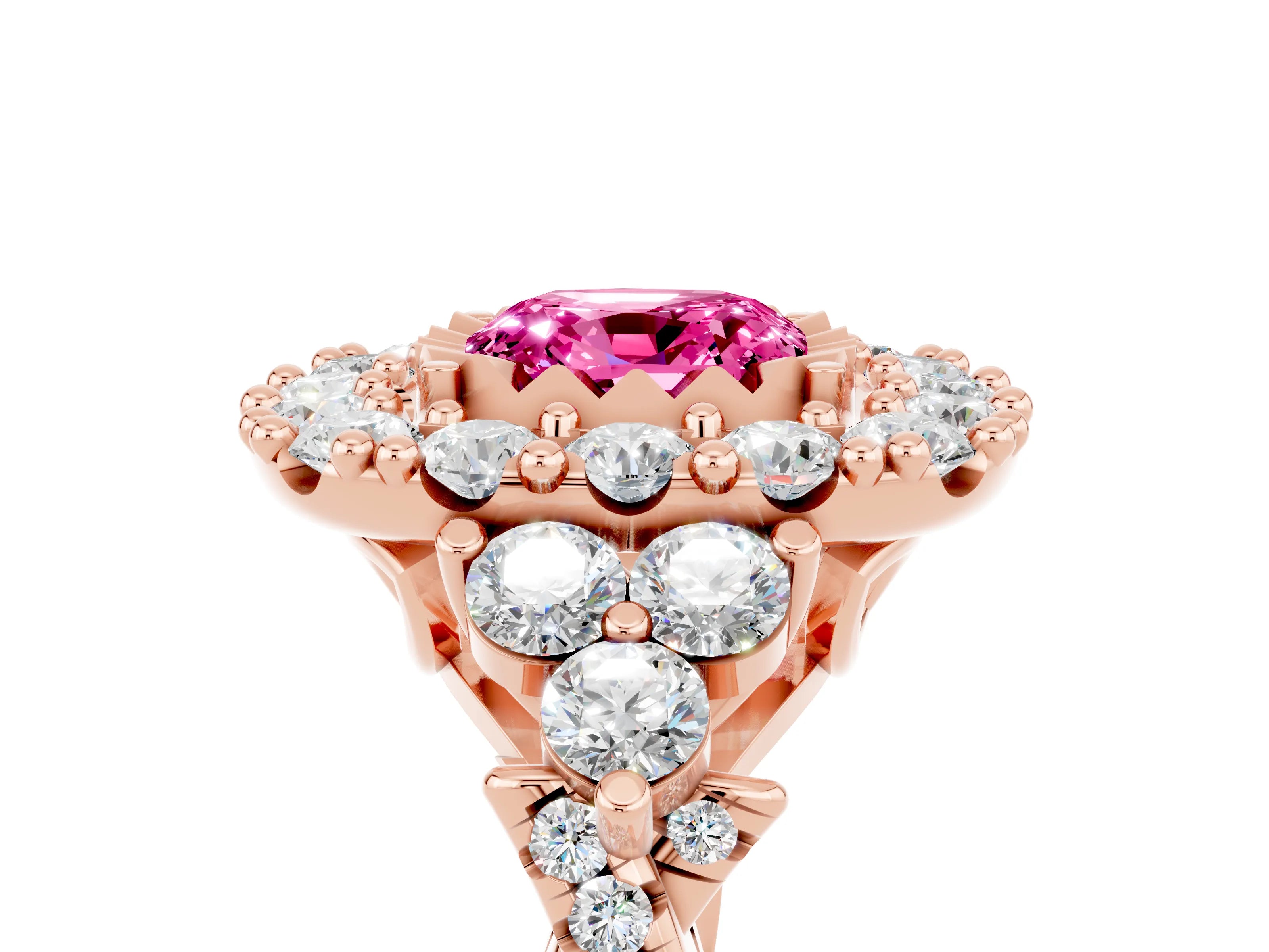 Rose gold Cushion Cut Pink Sapphire Halo Ring with Pavé Band and Four-Prong Setting_17