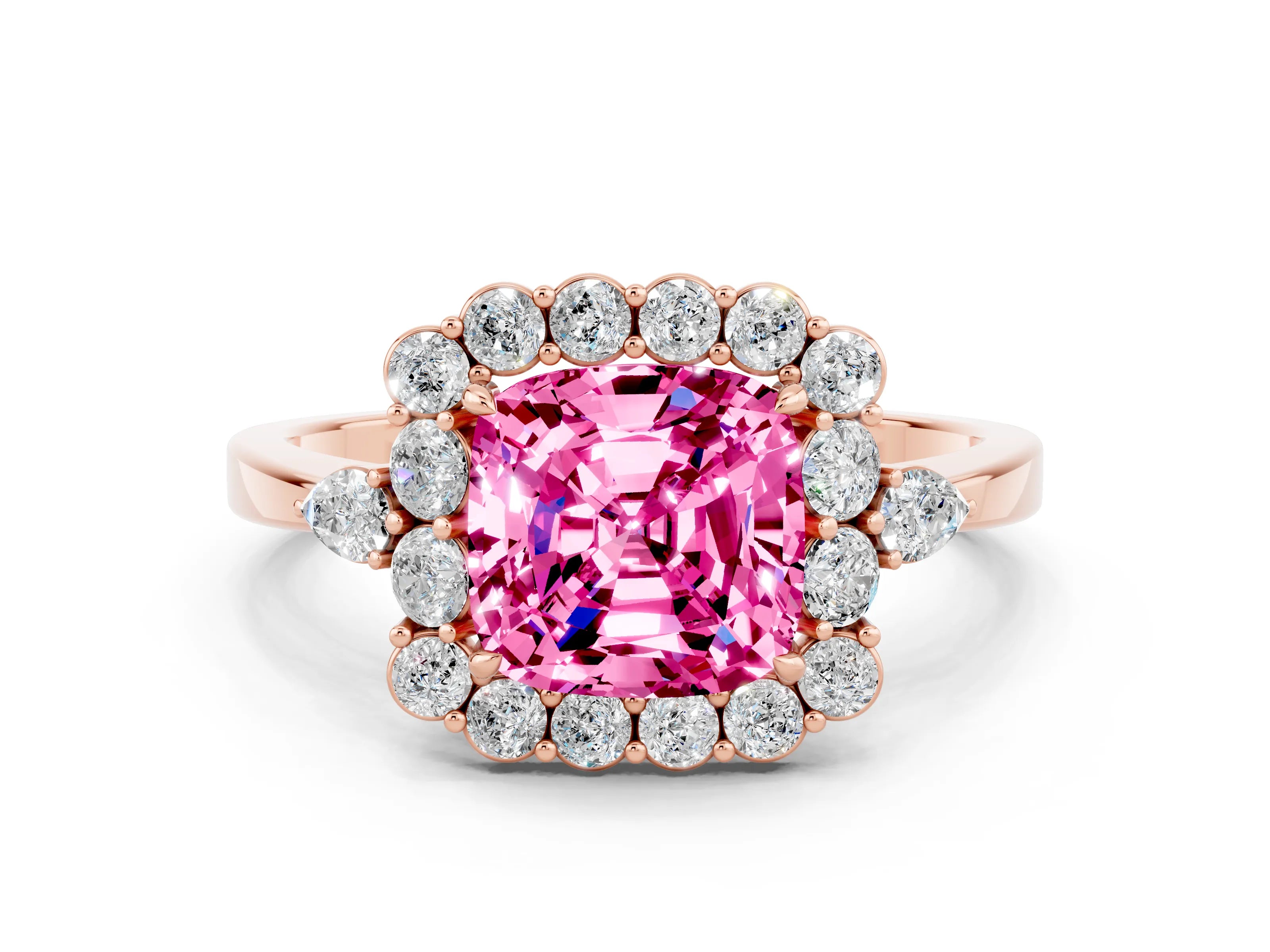 Rose gold Cushion Cut Pink Sapphire Halo Ring with Pear Side Stones and Prong Setting_12