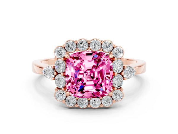 Rose gold Cushion Cut Pink Sapphire Halo Ring with Pear Side Stones and Prong Setting