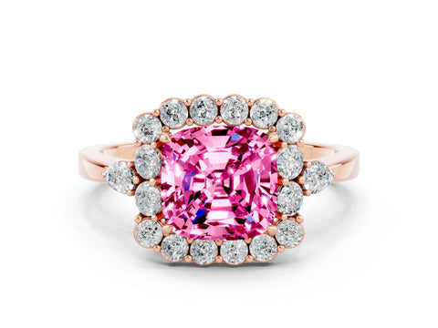 Rose gold Cushion Cut Pink Sapphire Halo Ring with Pear Side Stones and Prong Setting_12