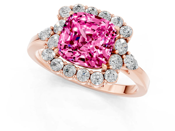 Rose gold Cushion Cut Pink Sapphire Halo Ring with Pear Side Stones and Prong Setting