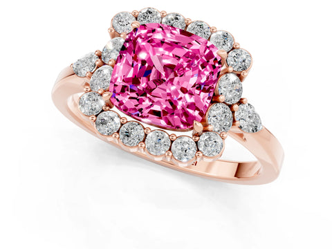 Rose gold Cushion Cut Pink Sapphire Halo Ring with Pear Side Stones and Prong Setting_13