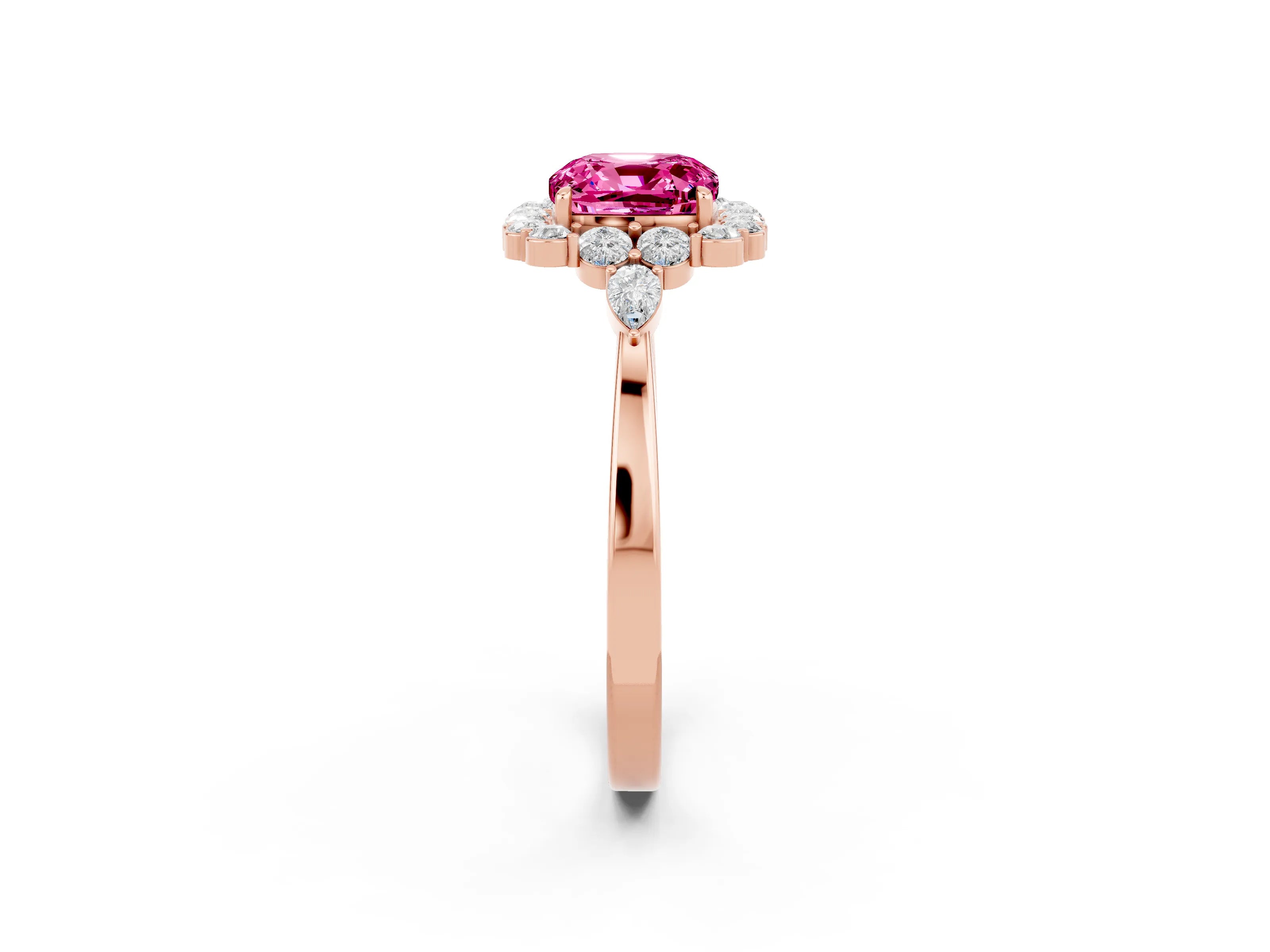 Rose gold Cushion Cut Pink Sapphire Halo Ring with Pear Side Stones and Prong Setting_14