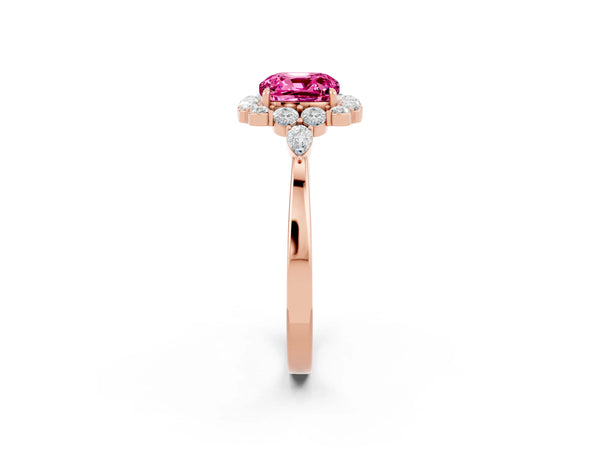 Rose gold Cushion Cut Pink Sapphire Halo Ring with Pear Side Stones and Prong Setting