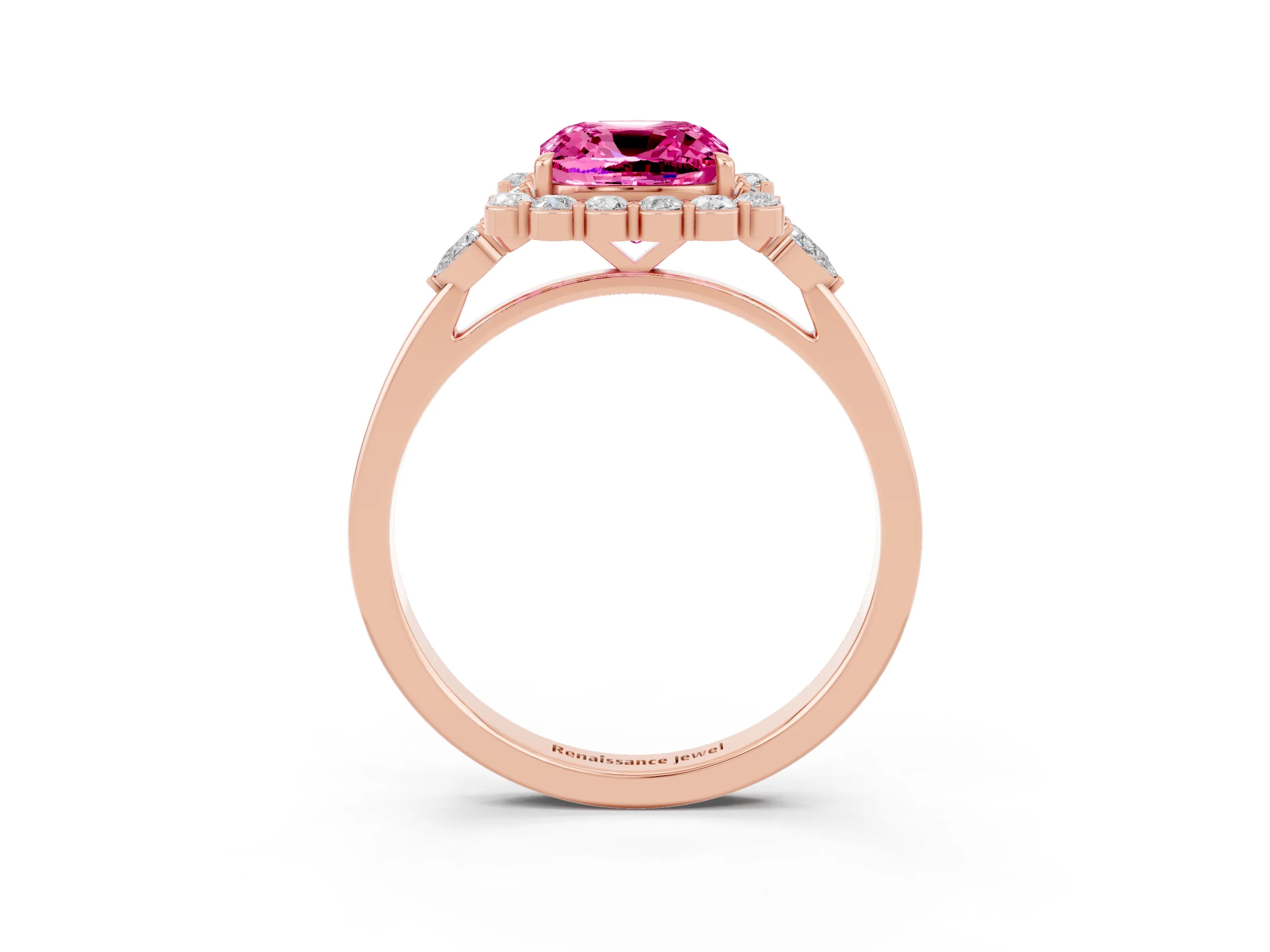 Rose gold Cushion Cut Pink Sapphire Halo Ring with Pear Side Stones and Prong Setting_15