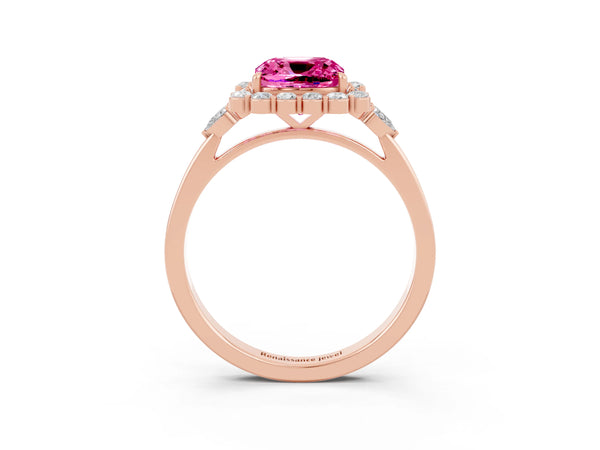 Rose gold Cushion Cut Pink Sapphire Halo Ring with Pear Side Stones and Prong Setting