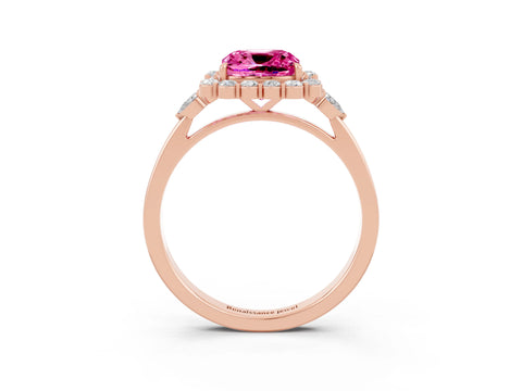 Rose gold Cushion Cut Pink Sapphire Halo Ring with Pear Side Stones and Prong Setting_15