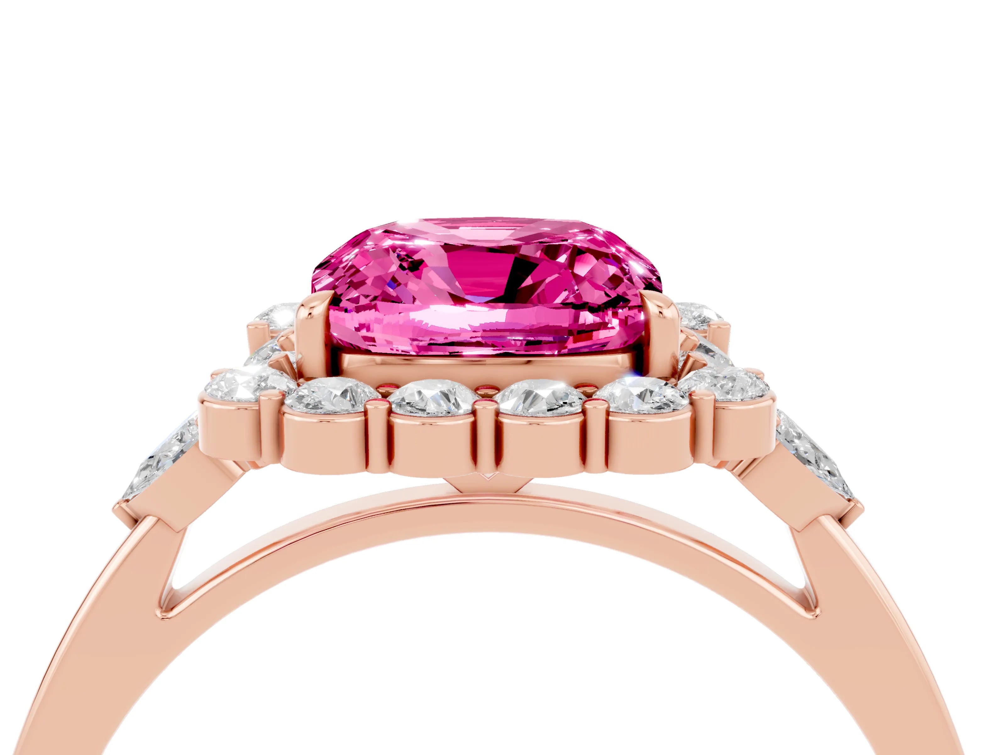 Rose gold Cushion Cut Pink Sapphire Halo Ring with Pear Side Stones and Prong Setting_16
