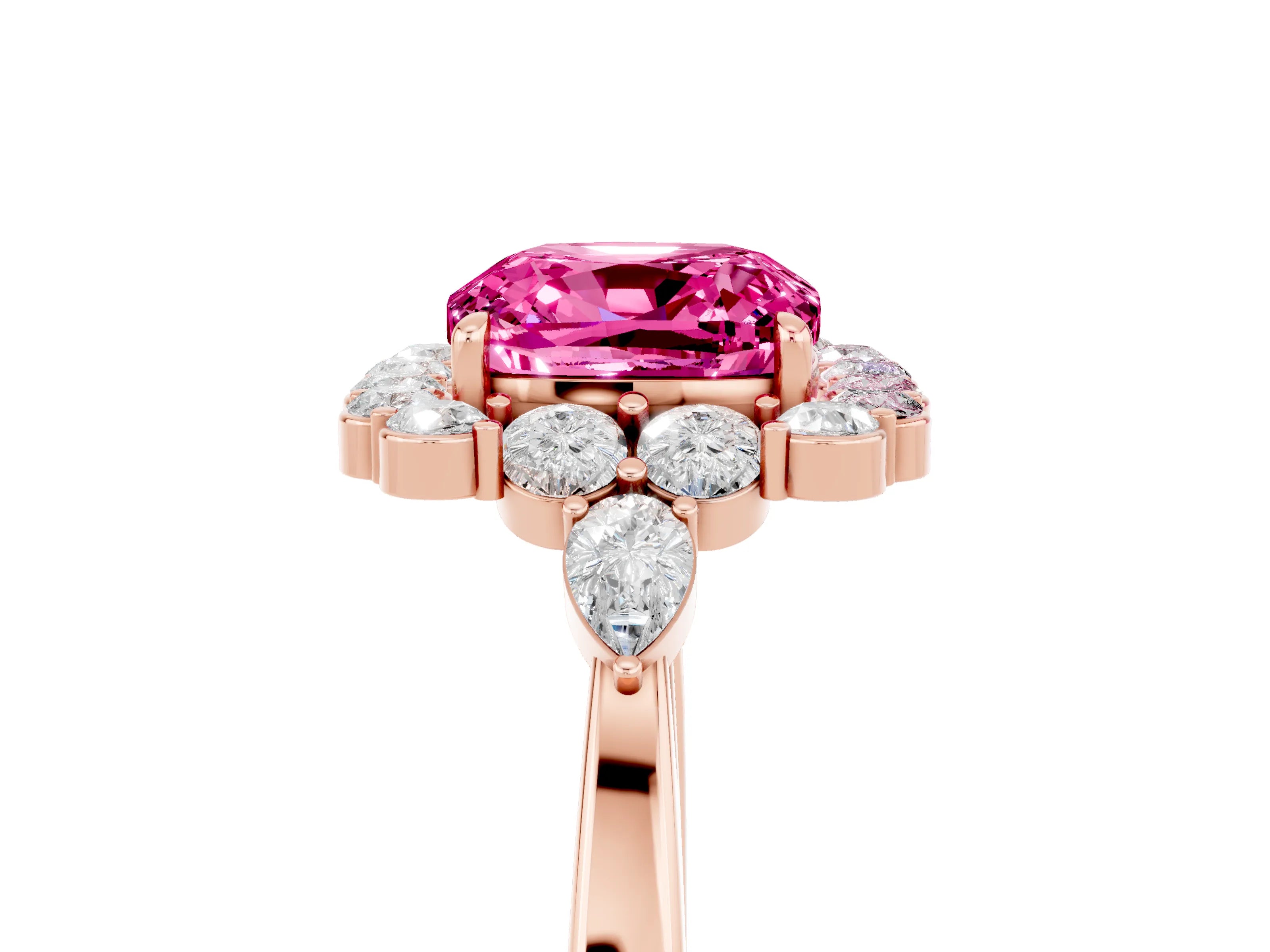Rose gold Cushion Cut Pink Sapphire Halo Ring with Pear Side Stones and Prong Setting_17