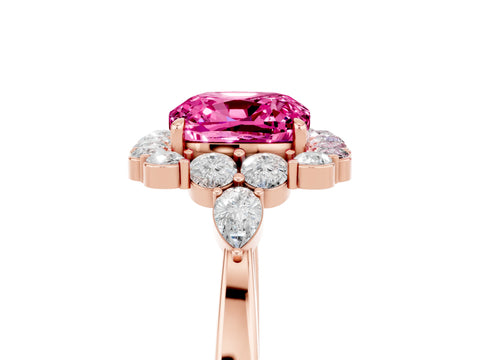 Rose gold Cushion Cut Pink Sapphire Halo Ring with Pear Side Stones and Prong Setting_17