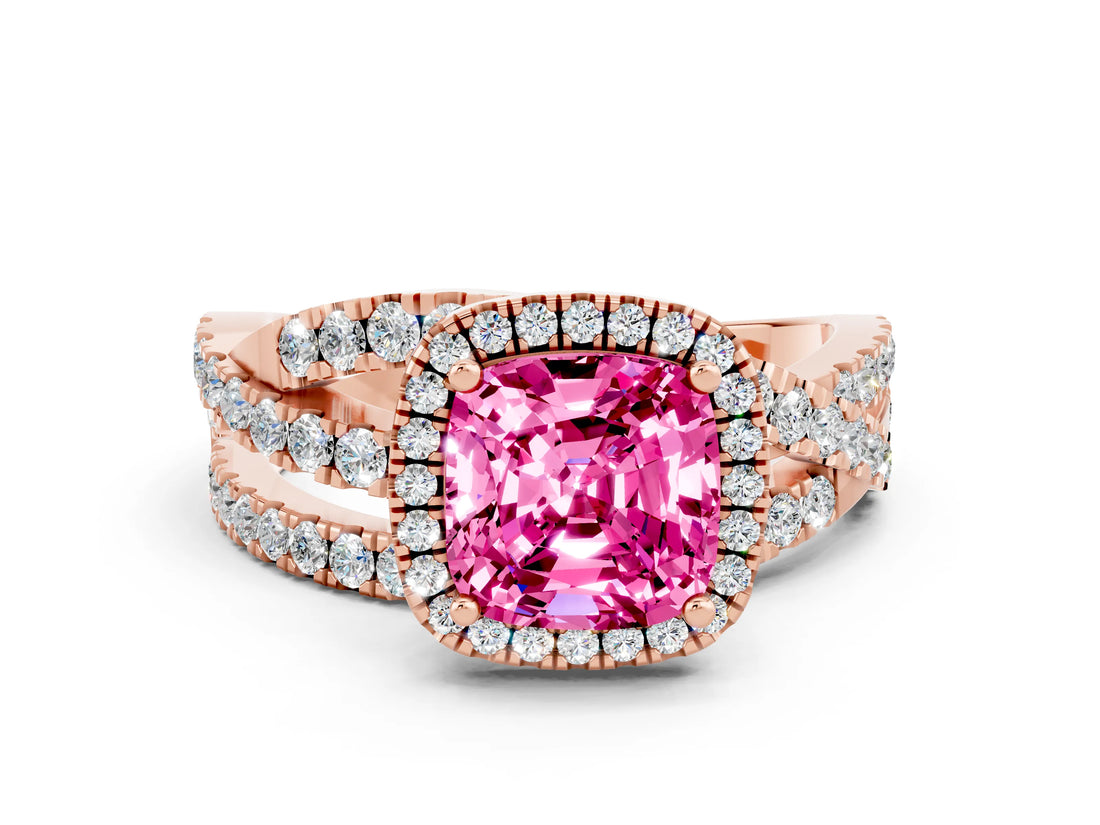 Rose gold Cushion Cut Pink Sapphire Halo Ring with Round Split Shank and Prong Setting_48