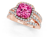 Rose gold Cushion Cut Pink Sapphire Halo Ring with Round Split Shank and Prong Setting_49
