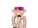 Rose gold Cushion Cut Pink Sapphire Halo Ring with Round Split Shank and Prong Setting_53
