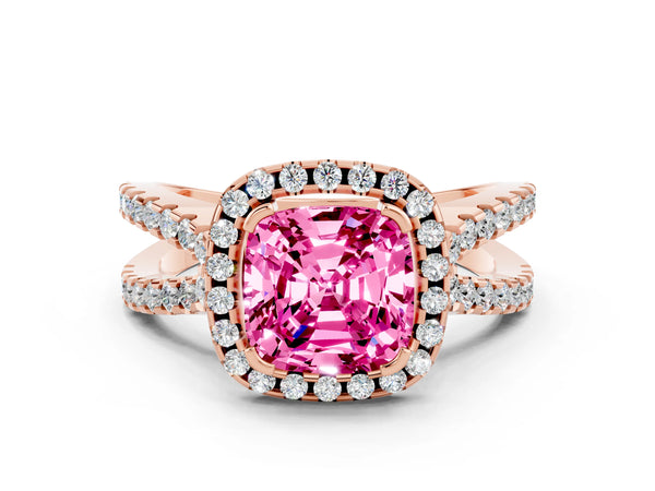 Rose gold Cushion Cut Pink Sapphire Halo Ring with Split Shank Pavé Band and Prong Setting