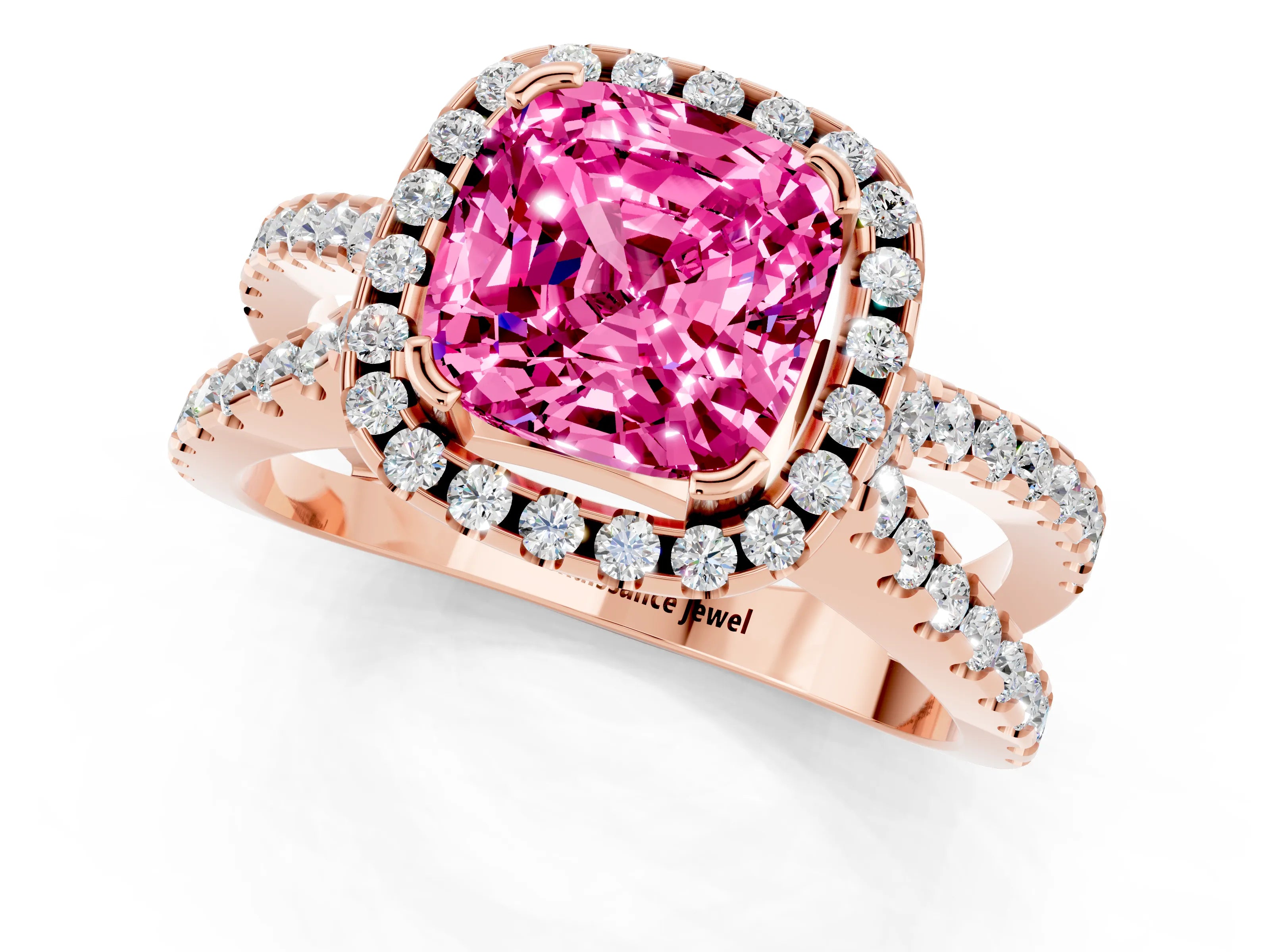 Rose gold Cushion Cut Pink Sapphire Halo Ring with Split Shank Pavé Band and Prong Setting_13