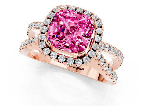 Rose gold Cushion Cut Pink Sapphire Halo Ring with Split Shank Pavé Band and Prong Setting_13
