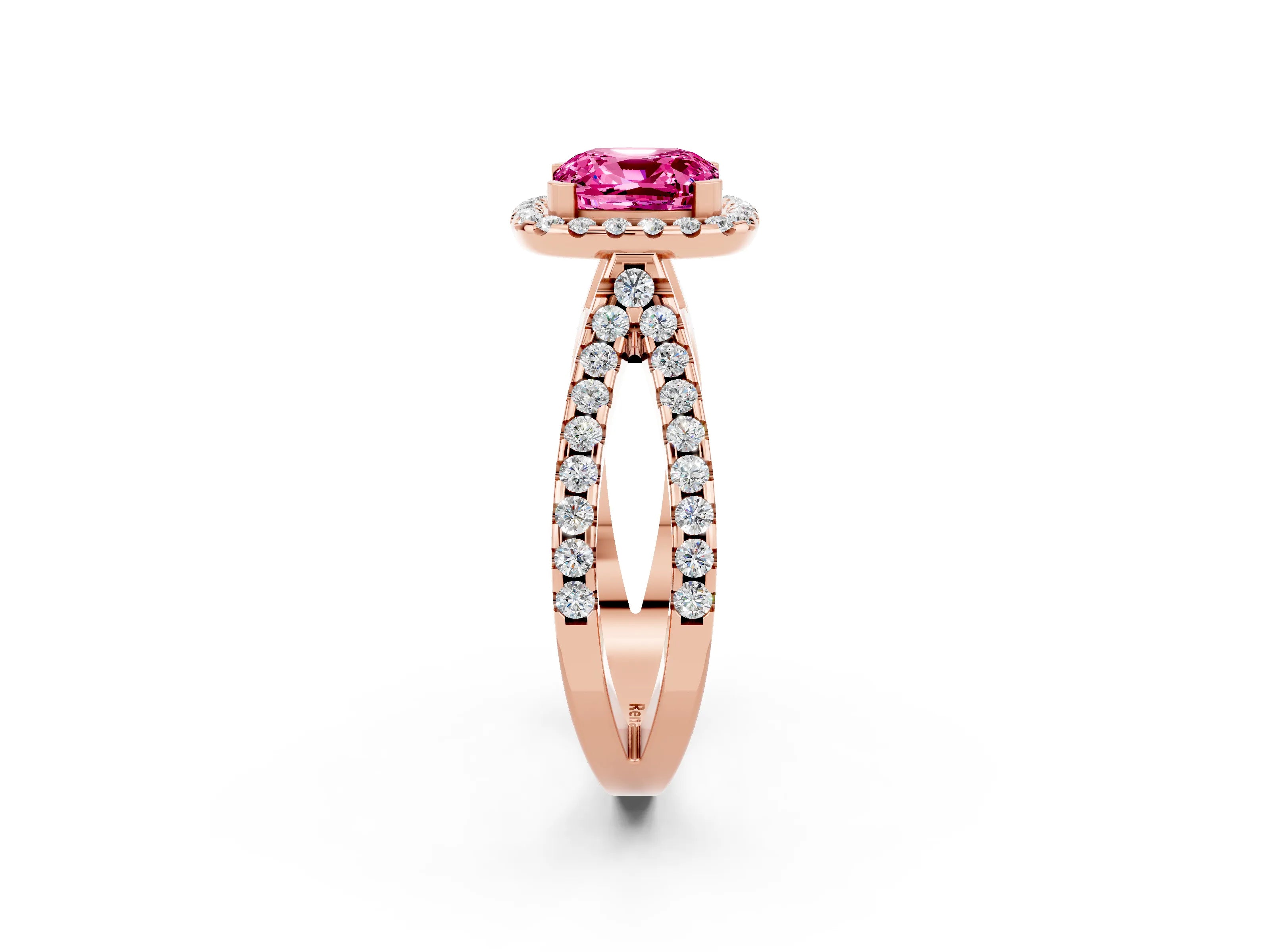 Rose gold Cushion Cut Pink Sapphire Halo Ring with Split Shank Pavé Band and Prong Setting_14