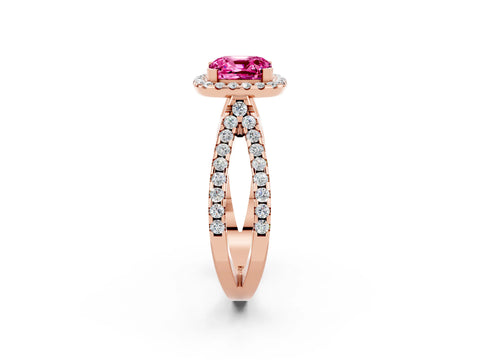 Rose gold Cushion Cut Pink Sapphire Halo Ring with Split Shank Pavé Band and Prong Setting_14