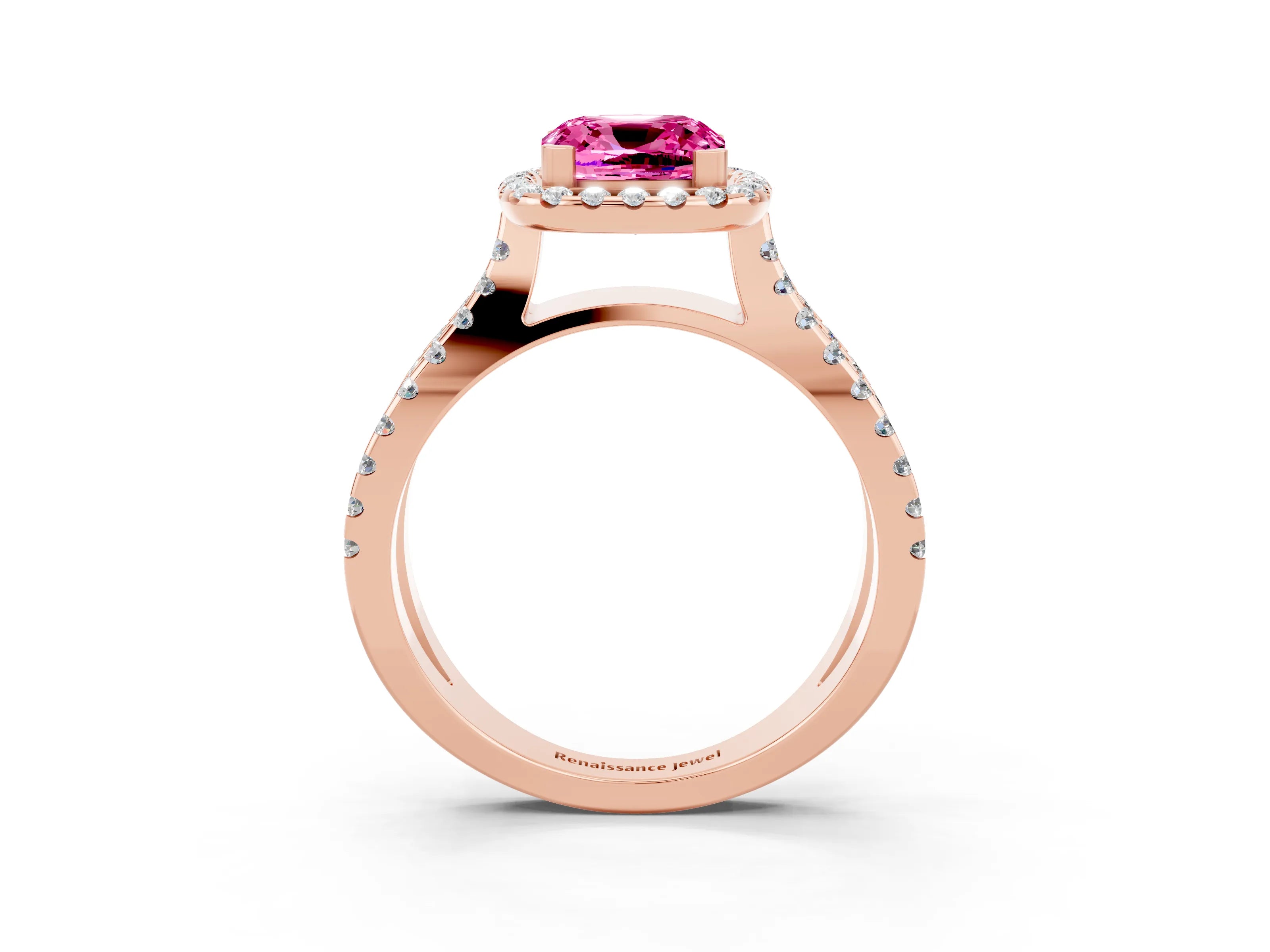 Rose gold Cushion Cut Pink Sapphire Halo Ring with Split Shank Pavé Band and Prong Setting_15
