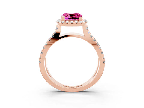 Rose gold Cushion Cut Pink Sapphire Halo Ring with Split Shank Pavé Band and Prong Setting_15