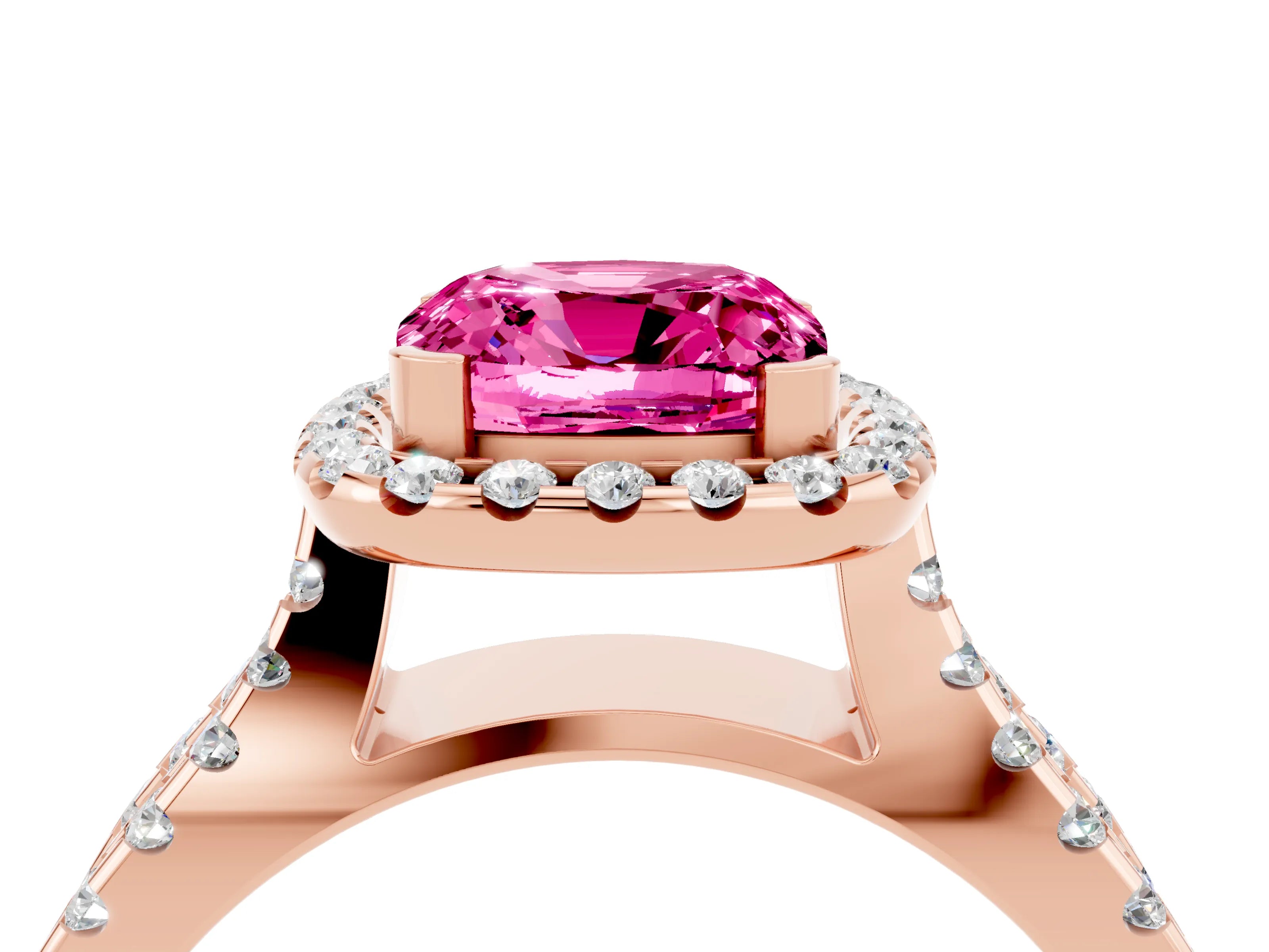 Rose gold Cushion Cut Pink Sapphire Halo Ring with Split Shank Pavé Band and Prong Setting_16