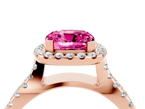Rose gold Cushion Cut Pink Sapphire Halo Ring with Split Shank Pavé Band and Prong Setting_16