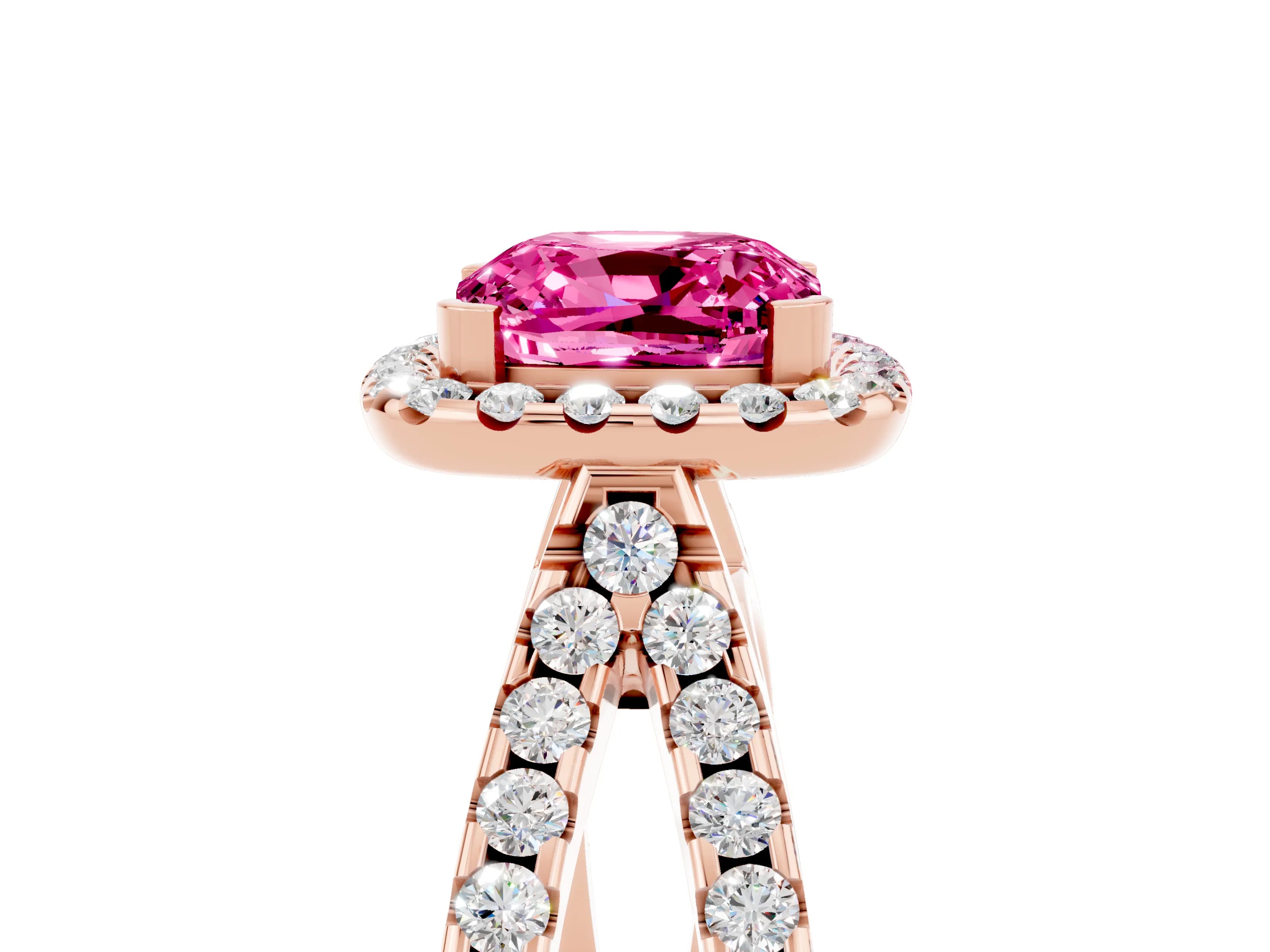 Rose gold Cushion Cut Pink Sapphire Halo Ring with Split Shank Pavé Band and Prong Setting_17